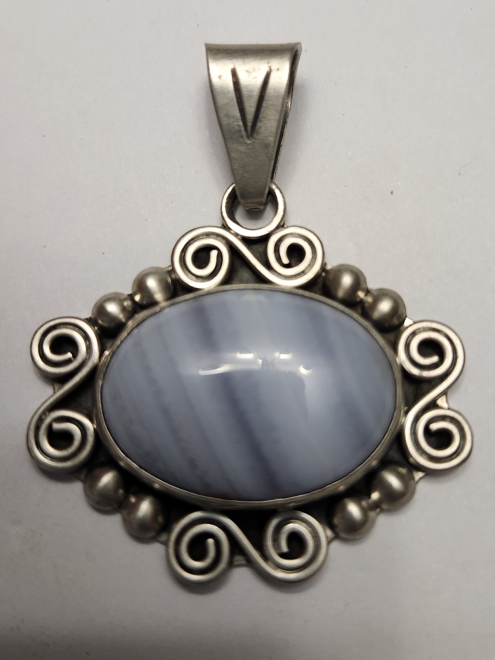 Vintage Mexico Sterling Silver Blue Lace Agate Pendant Necklace